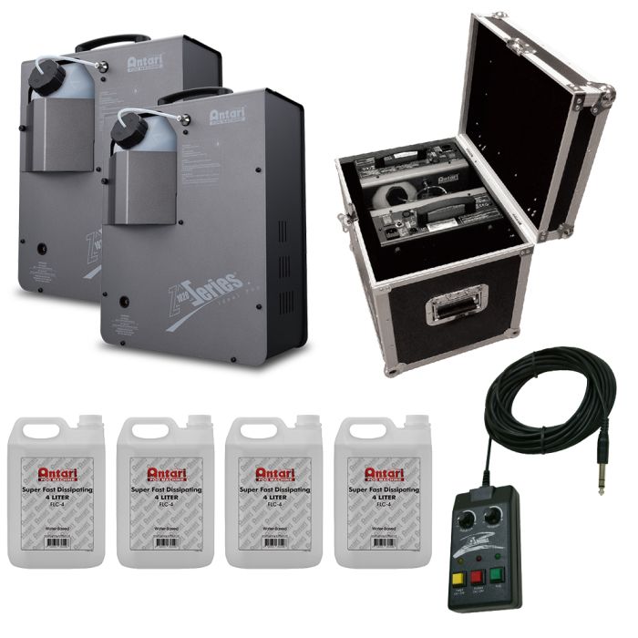 (2) Antari Z-1020 Vertical Fog Machines with (4) Gallons of Quick  Dissipating Fog Fluid, (2) Z-40 Cable Remotes and (1) Dual Roadcase Package